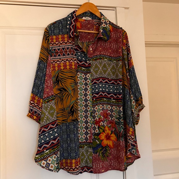 Cynthia Rowley Tops - Cynthia Rowley Patchwork Tropical Floral Button Down Shirt Womens 2x Western